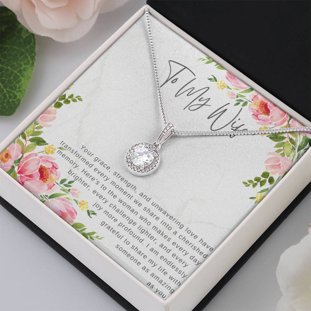 "For My Wife" Eternity CZ Diamond Pendant with Crystal Halo Necklace