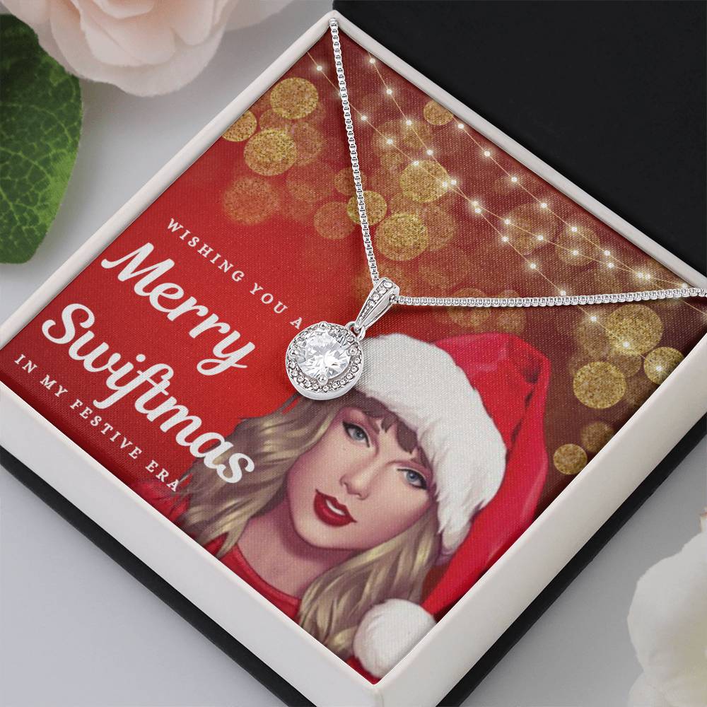 "Merry Swiftmas" Holiday Card CZ Diamond Halo Pendant Necklace