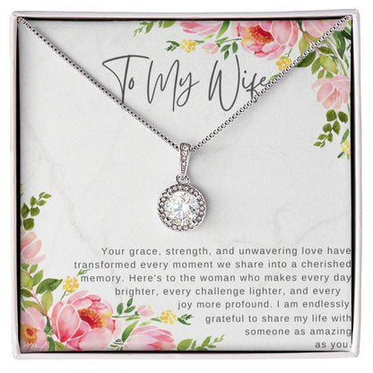 "For My Wife" Eternity CZ Diamond Pendant with Crystal Halo Necklace