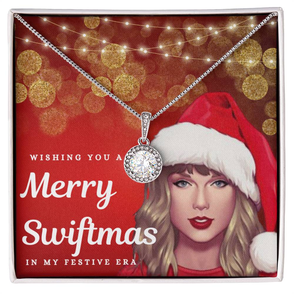 "Merry Swiftmas" Holiday Card CZ Diamond Halo Pendant Necklace