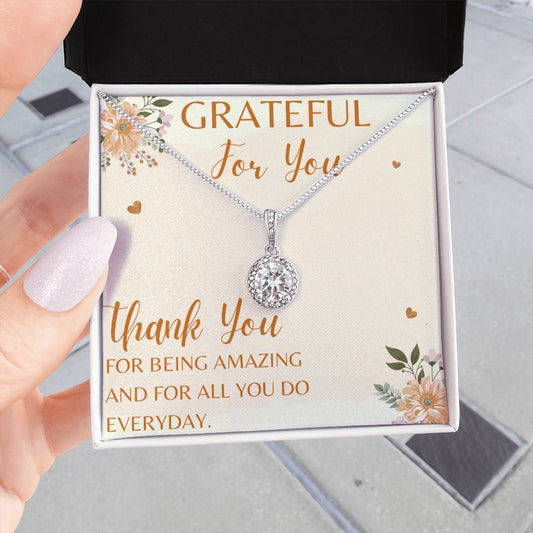 "Grateful For You" Stunning CZ Diamond Necklace with Crystal Halo