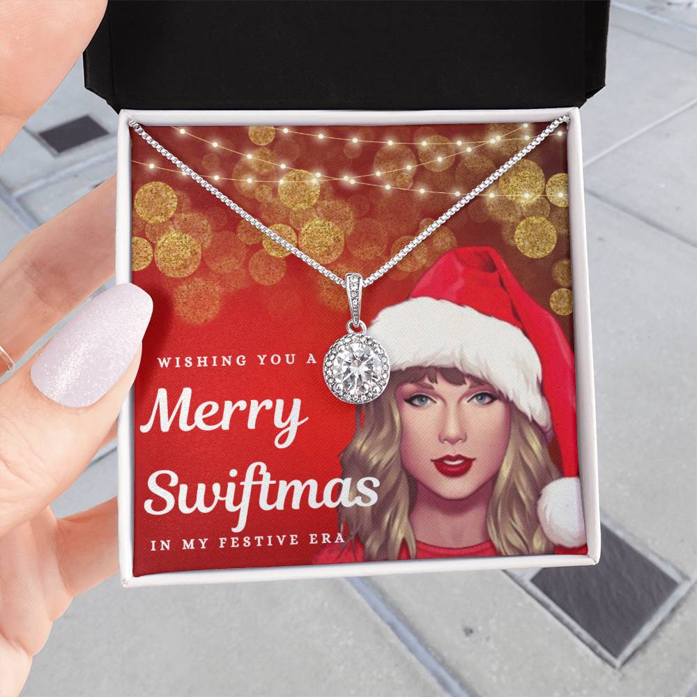 "Merry Swiftmas" Holiday Card CZ Diamond Halo Pendant Necklace