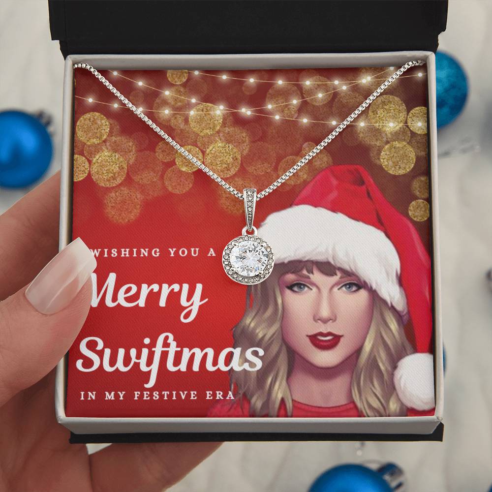 "Merry Swiftmas" Holiday Card CZ Diamond Halo Pendant Necklace