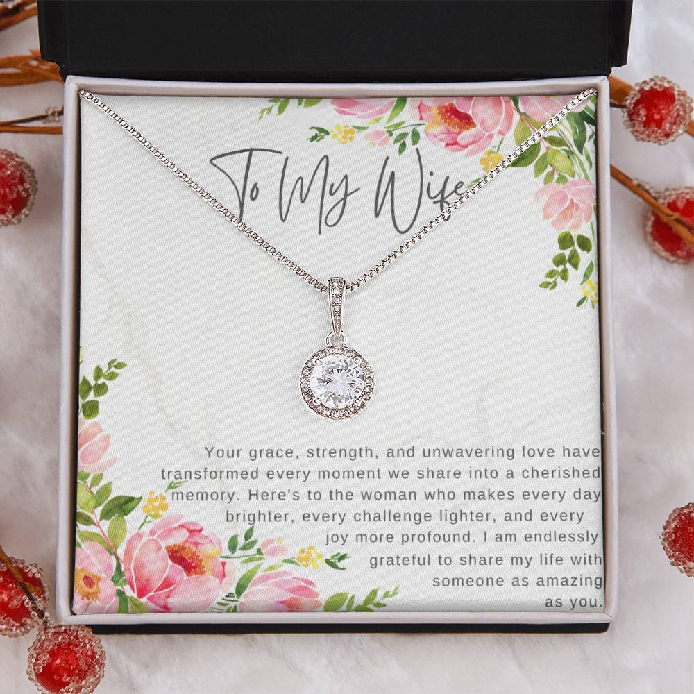 "For My Wife" Eternity CZ Diamond Pendant with Crystal Halo Necklace