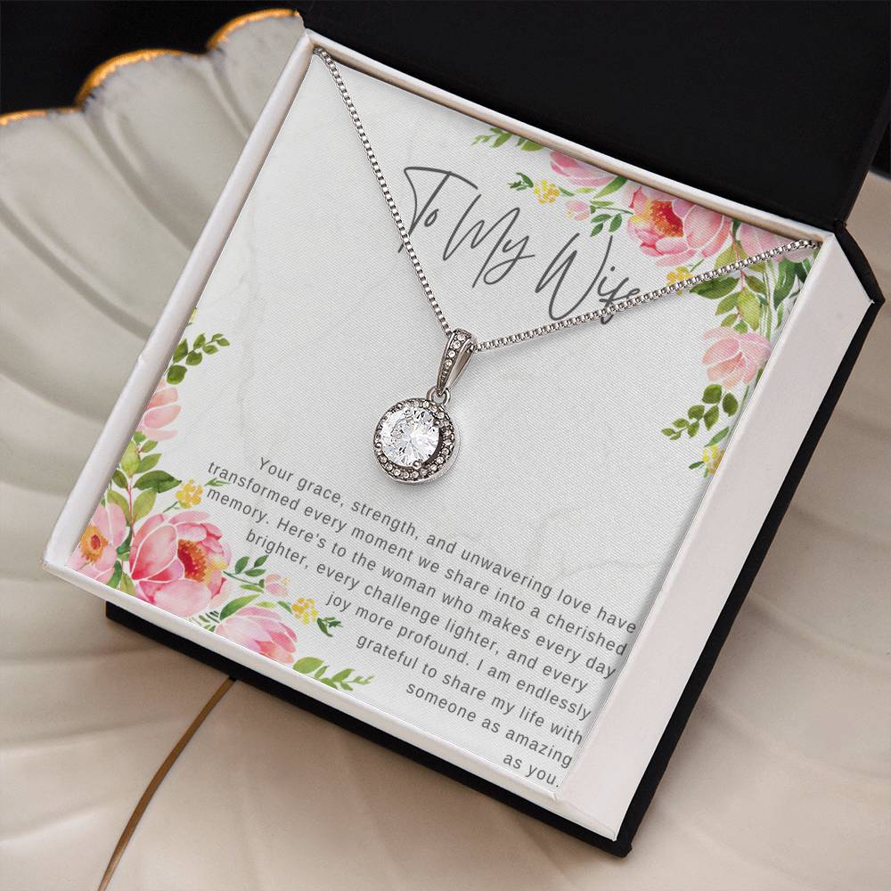 "For My Wife" Eternity CZ Diamond Pendant with Crystal Halo Necklace