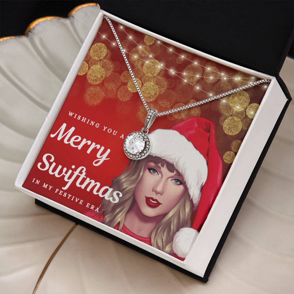 "Merry Swiftmas" Holiday Card CZ Diamond Halo Pendant Necklace