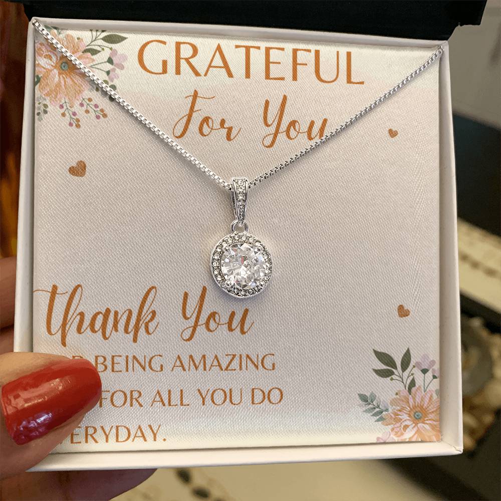 "Grateful For You" Stunning CZ Diamond Necklace with Crystal Halo