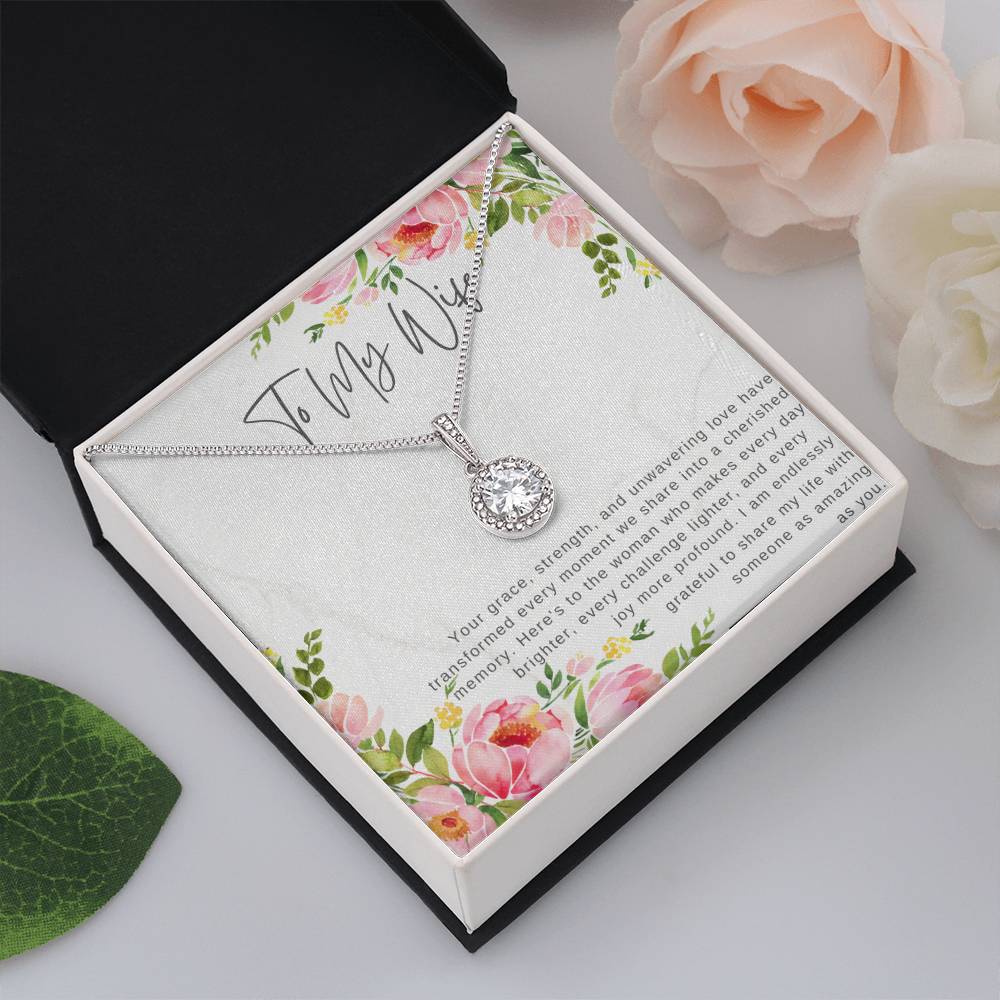 "For My Wife" Eternity CZ Diamond Pendant with Crystal Halo Necklace