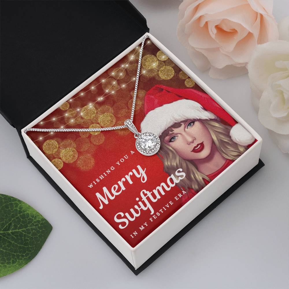 "Merry Swiftmas" Holiday Card CZ Diamond Halo Pendant Necklace