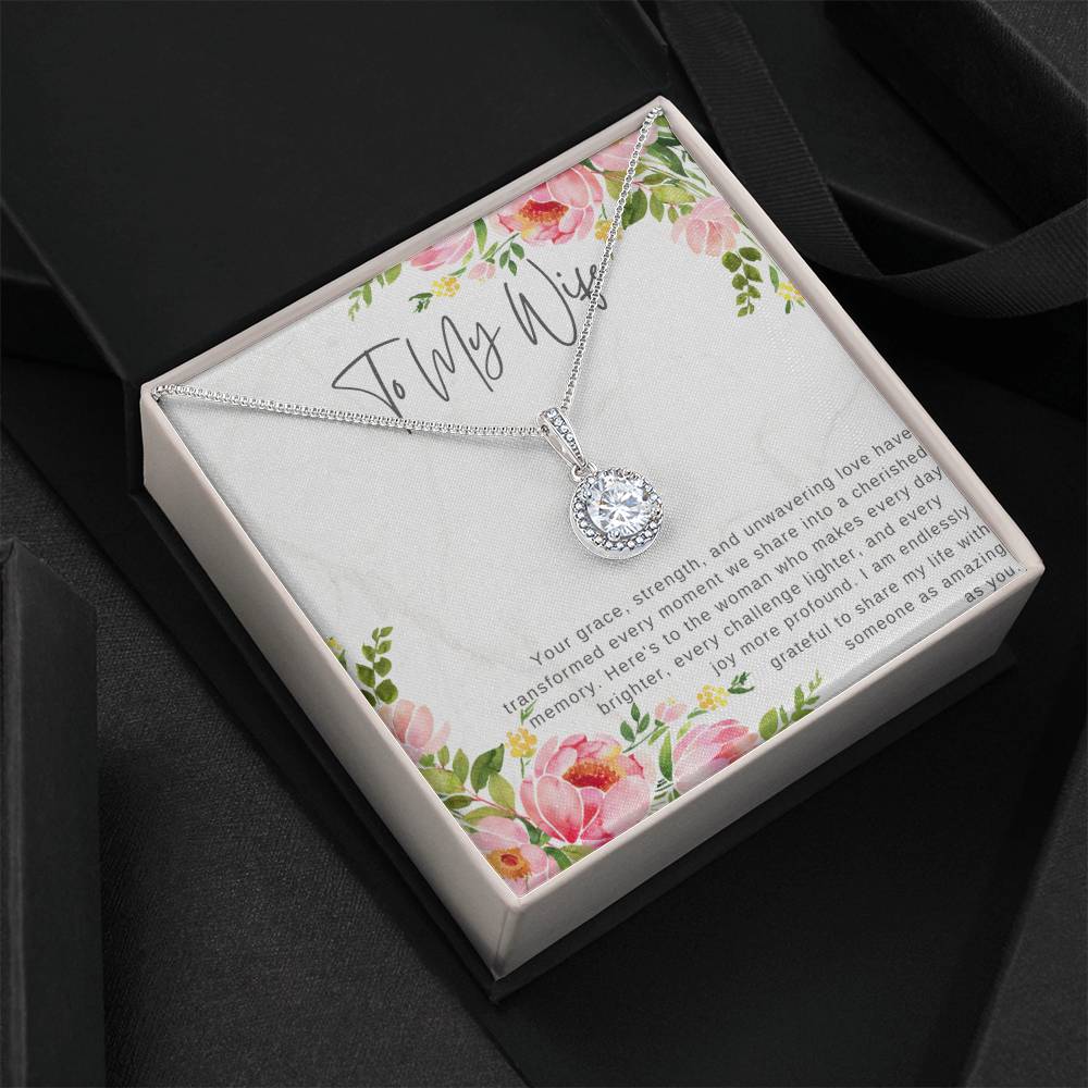 "For My Wife" Eternity CZ Diamond Pendant with Crystal Halo Necklace