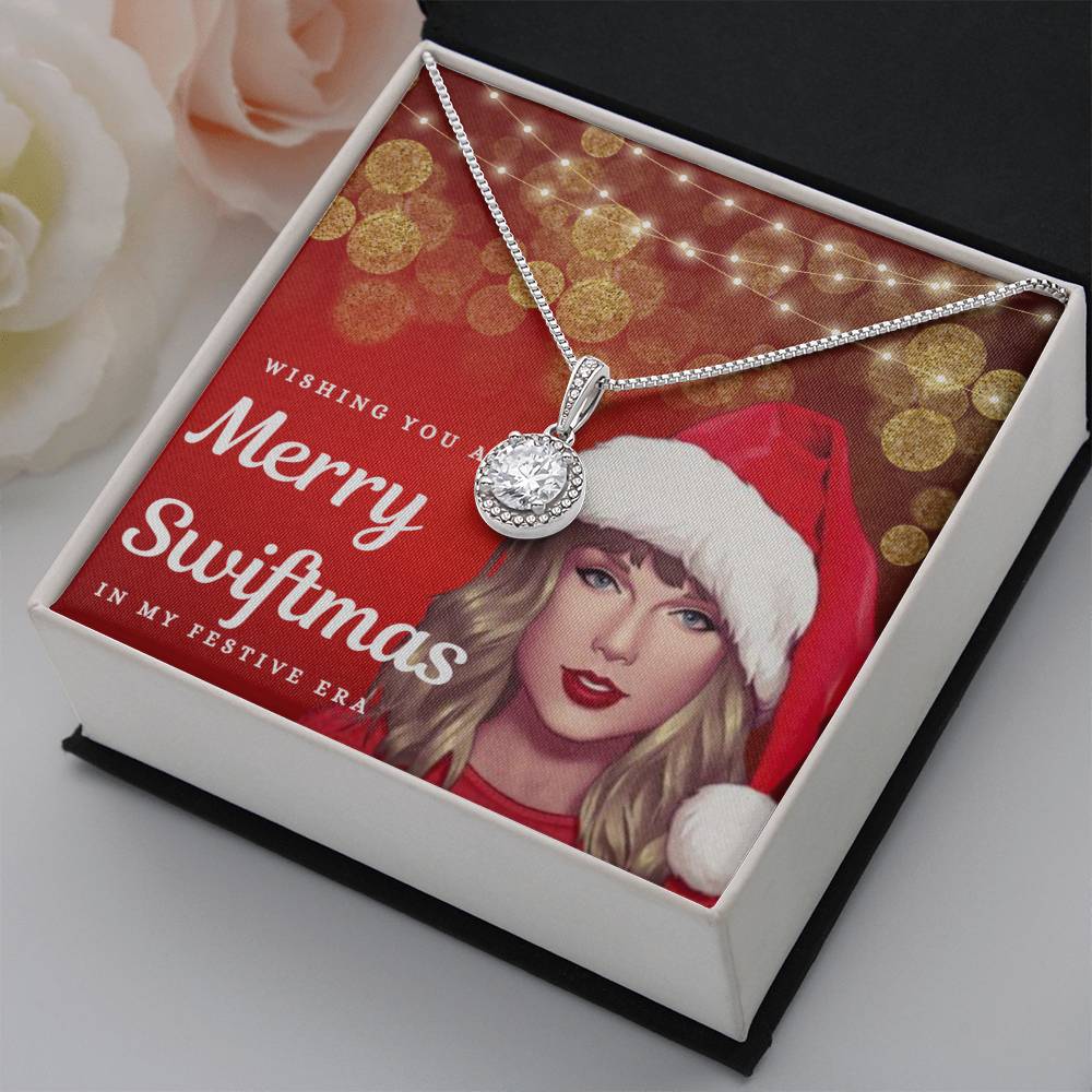 "Merry Swiftmas" Holiday Card CZ Diamond Halo Pendant Necklace