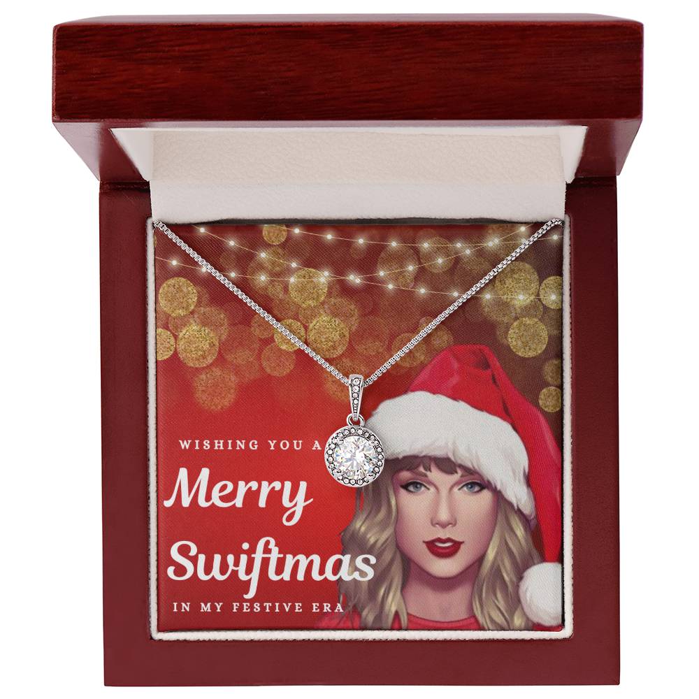 "Merry Swiftmas" Holiday Card CZ Diamond Halo Pendant Necklace