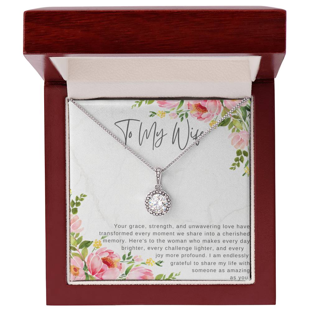 "For My Wife" Eternity CZ Diamond Pendant with Crystal Halo Necklace