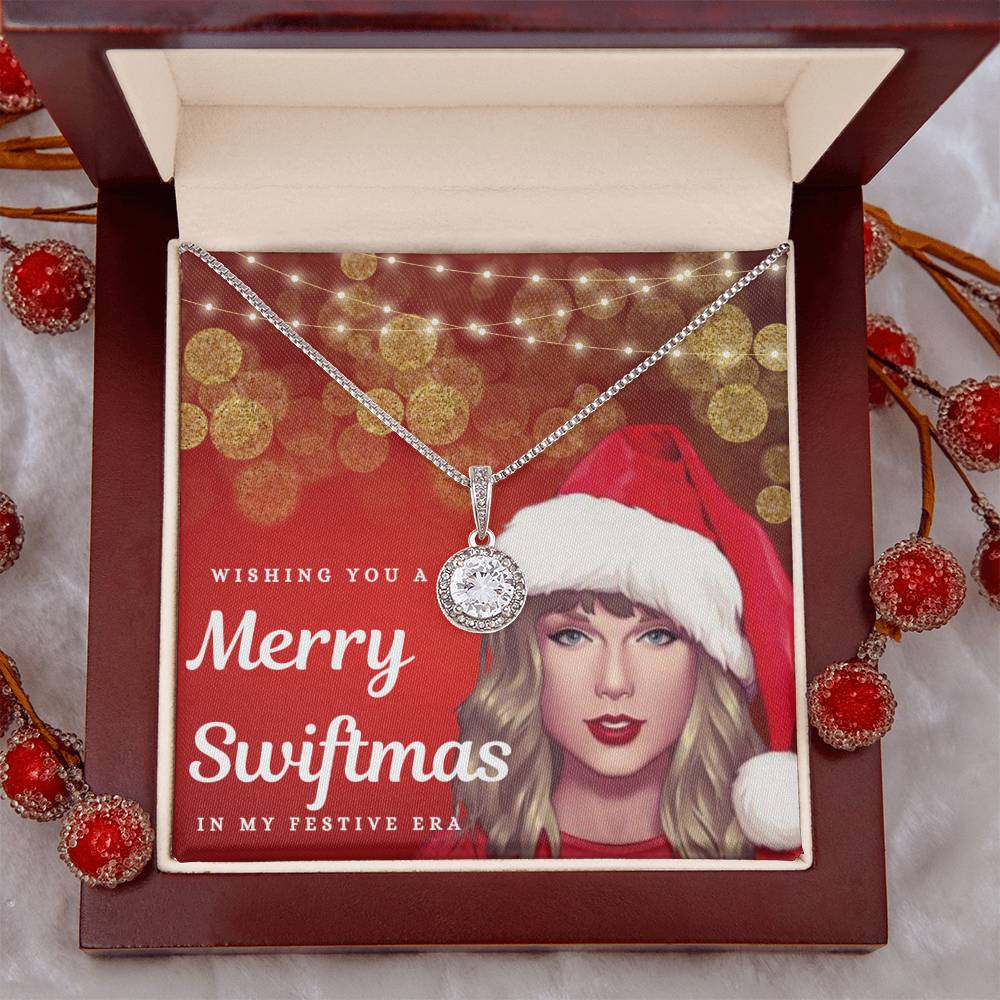 "Merry Swiftmas" Holiday Card CZ Diamond Halo Pendant Necklace