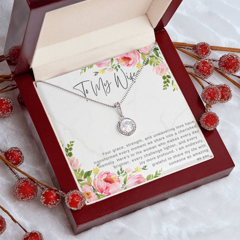 "For My Wife" Eternity CZ Diamond Pendant with Crystal Halo Necklace