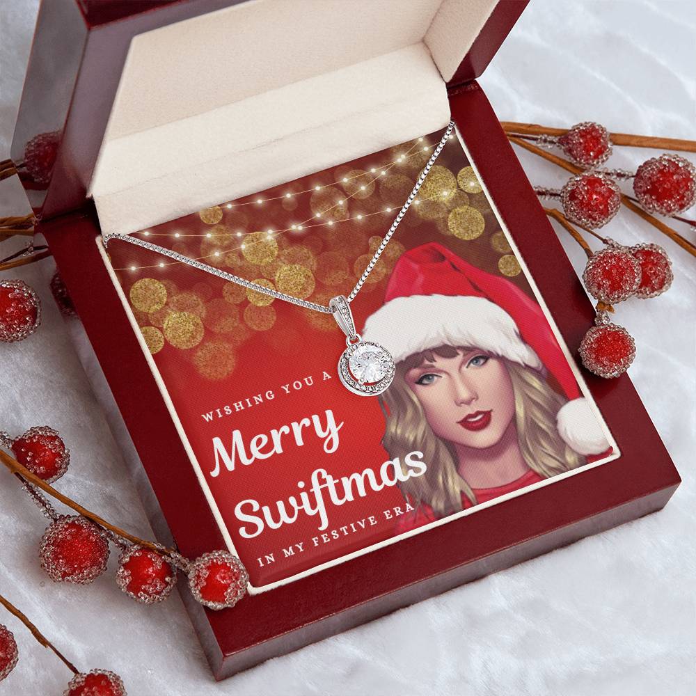 "Merry Swiftmas" Holiday Card CZ Diamond Halo Pendant Necklace