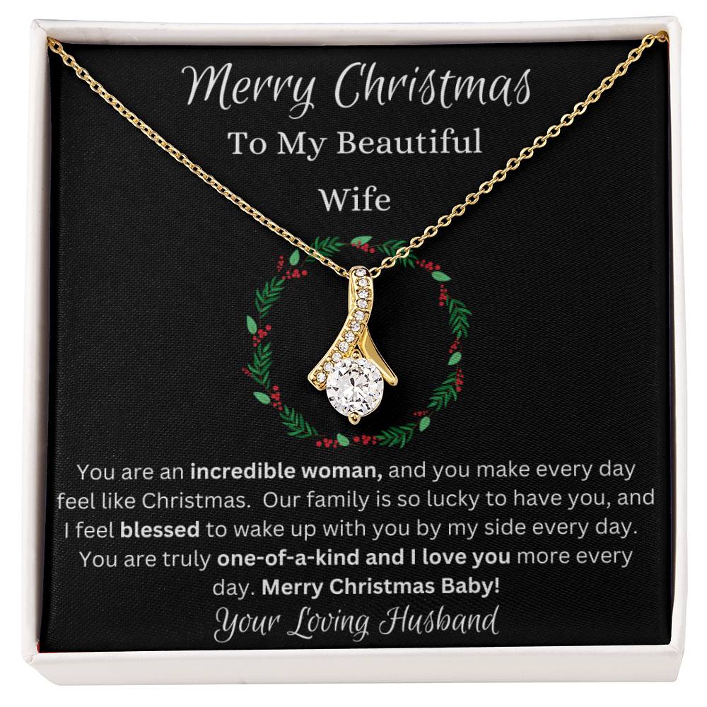 Festive Merry Christmas To Beautiful Wife Ribbon Pendant CZ Diamond Necklace