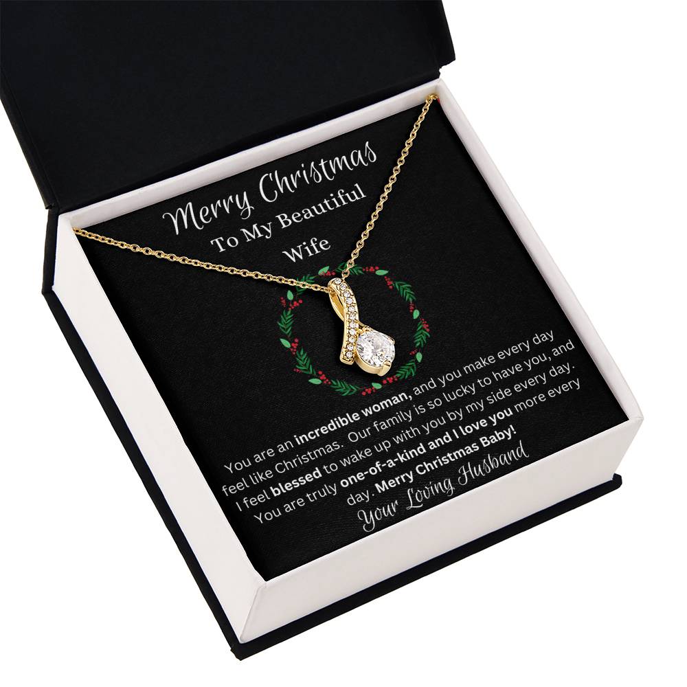 Festive Merry Christmas To Beautiful Wife Ribbon Pendant CZ Diamond Necklace