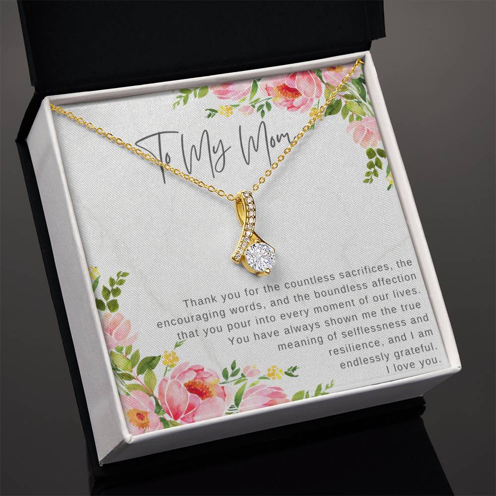 "Note To My Mom" Heartfelt Message Card and Ribbon CZ Diamond Pendant Necklace