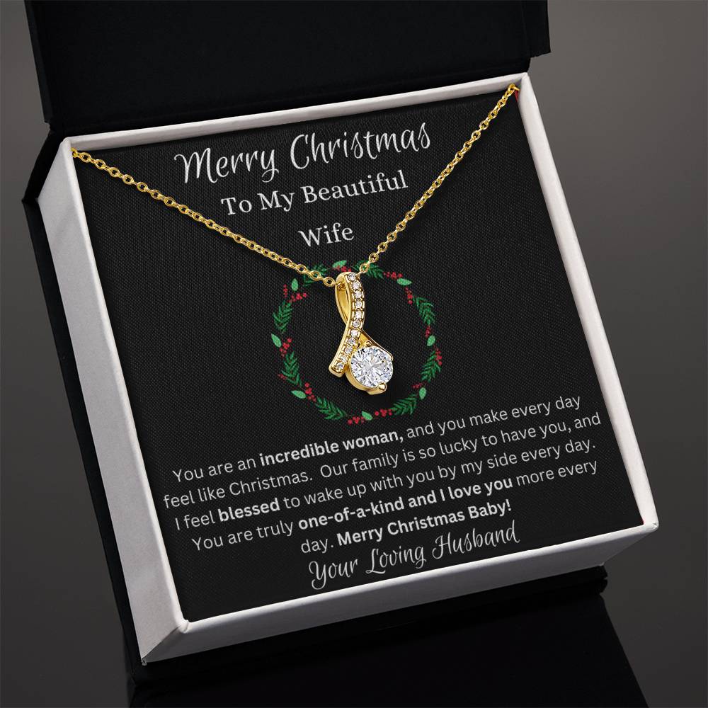 Festive Merry Christmas To Beautiful Wife Ribbon Pendant CZ Diamond Necklace