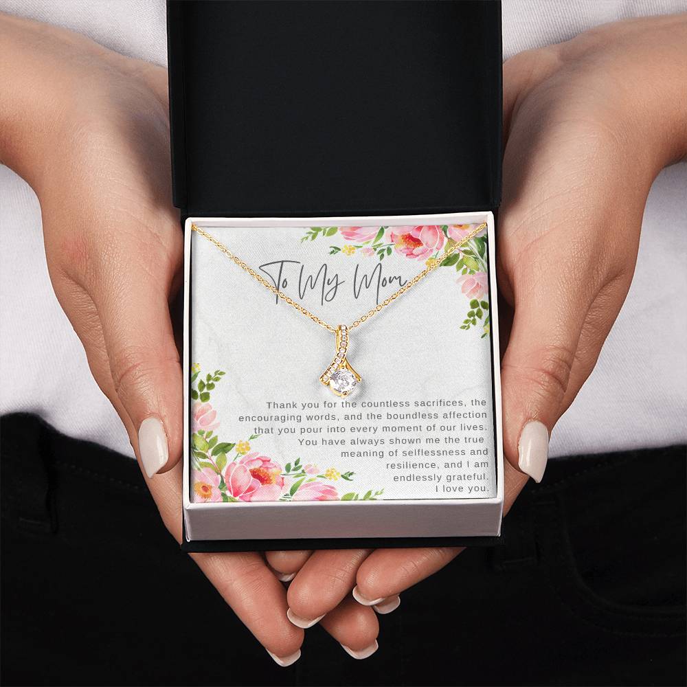 "Note To My Mom" Heartfelt Message Card and Ribbon CZ Diamond Pendant Necklace