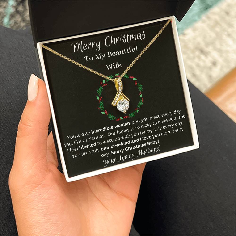 Festive Merry Christmas To Beautiful Wife Ribbon Pendant CZ Diamond Necklace