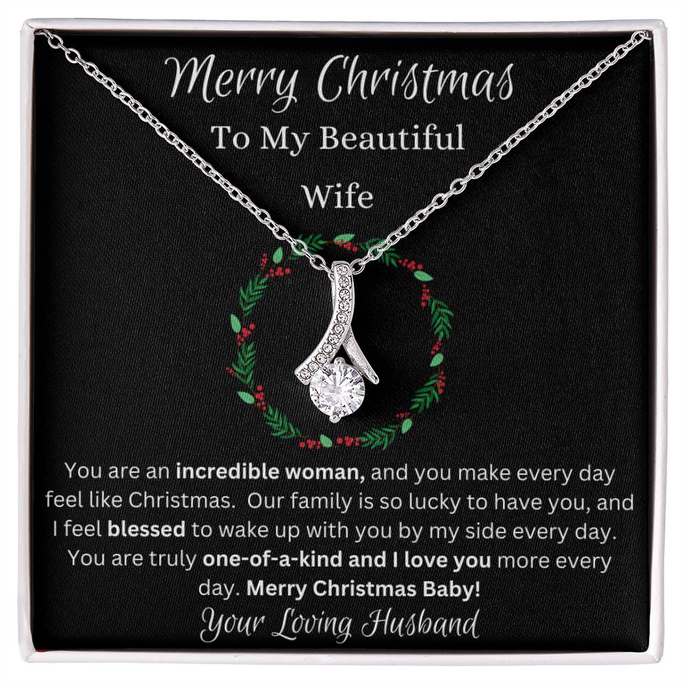 Festive Merry Christmas To Beautiful Wife Ribbon Pendant CZ Diamond Necklace