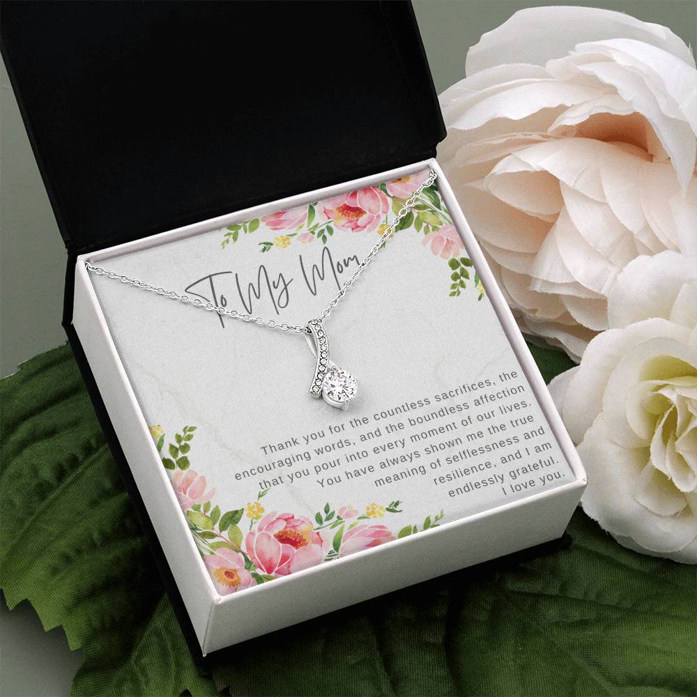 "Note To My Mom" Heartfelt Message Card and Ribbon CZ Diamond Pendant Necklace