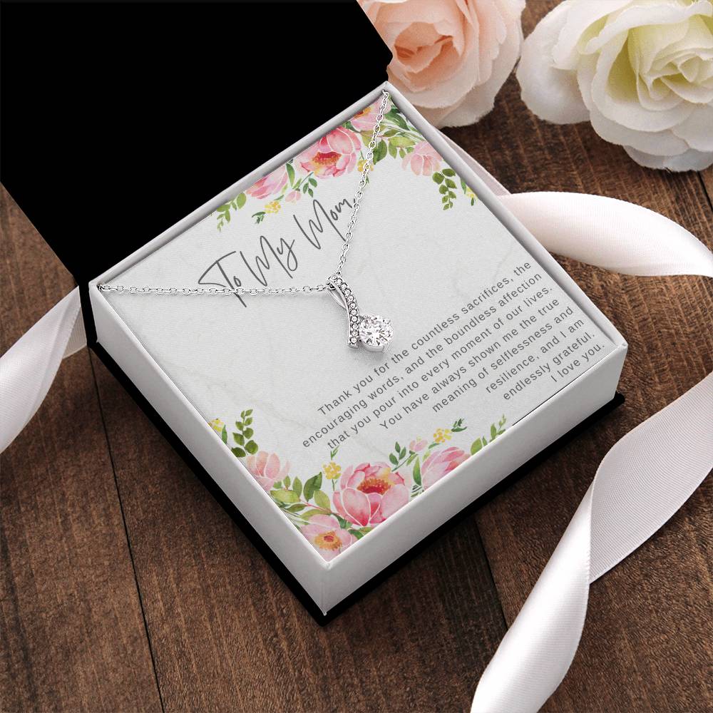 "Note To My Mom" Heartfelt Message Card and Ribbon CZ Diamond Pendant Necklace