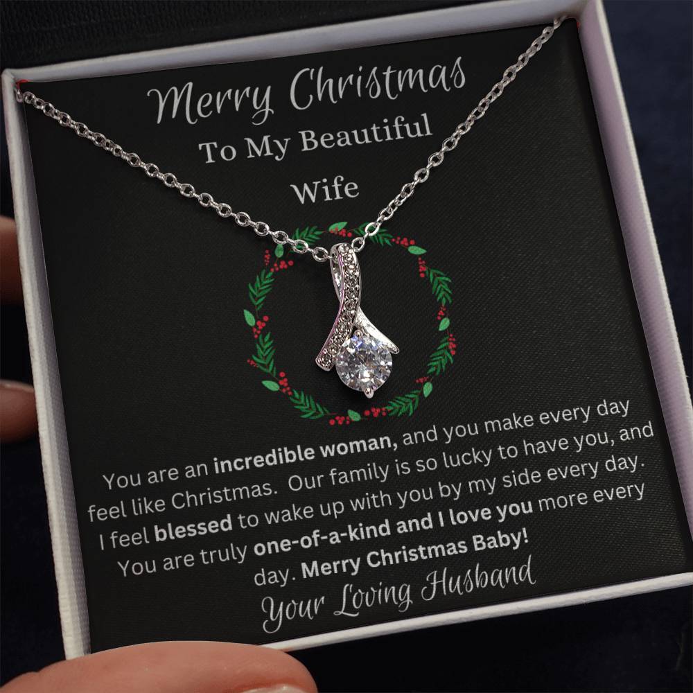 Festive Merry Christmas To Beautiful Wife Ribbon Pendant CZ Diamond Necklace