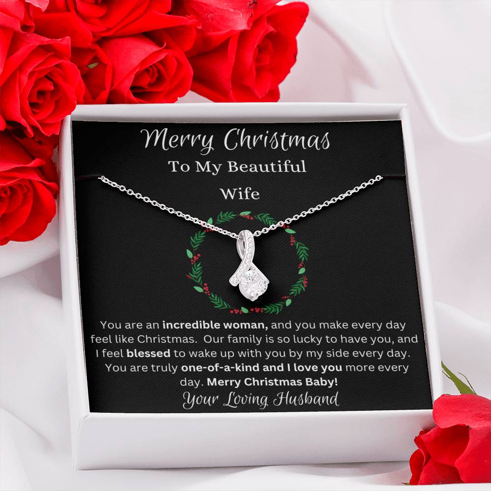 Festive Merry Christmas To Beautiful Wife Ribbon Pendant CZ Diamond Necklace