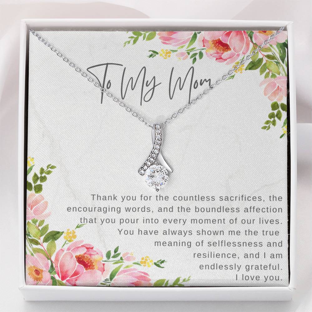 "Note To My Mom" Heartfelt Message Card and Ribbon CZ Diamond Pendant Necklace