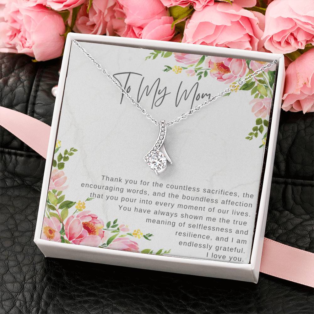 "Note To My Mom" Heartfelt Message Card and Ribbon CZ Diamond Pendant Necklace