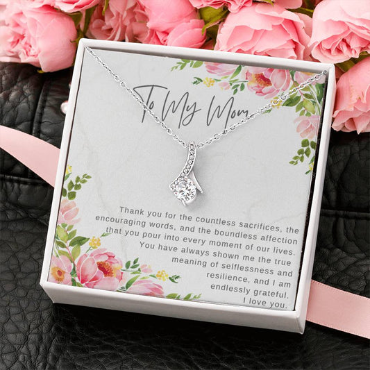 "Note To My Mom" Heartfelt Message Card and Ribbon CZ Diamond Pendant Necklace