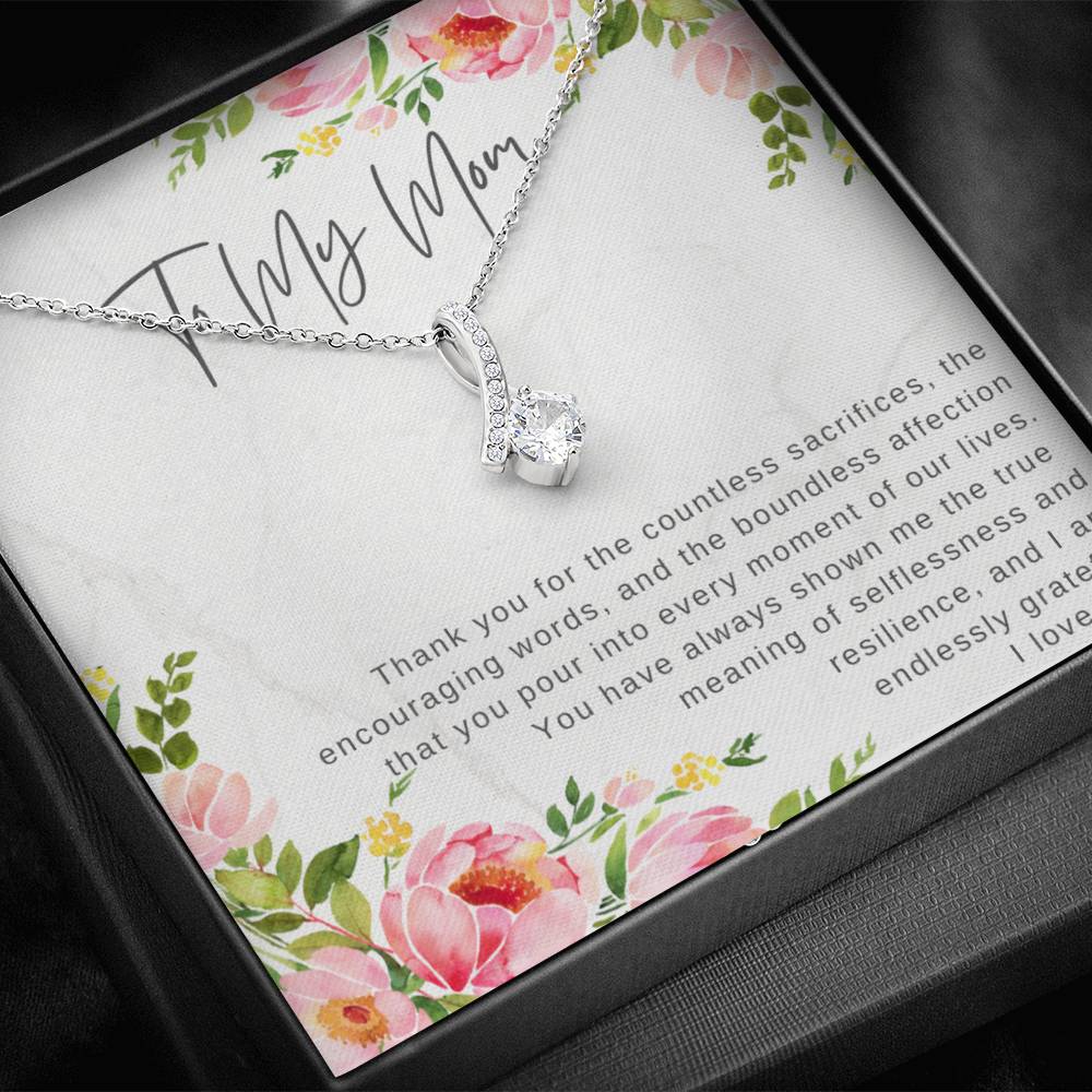 "Note To My Mom" Heartfelt Message Card and Ribbon CZ Diamond Pendant Necklace