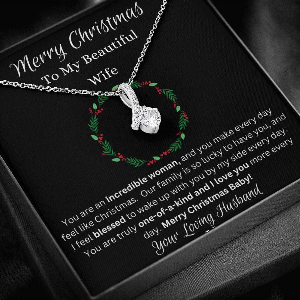 Festive Merry Christmas To Beautiful Wife Ribbon Pendant CZ Diamond Necklace