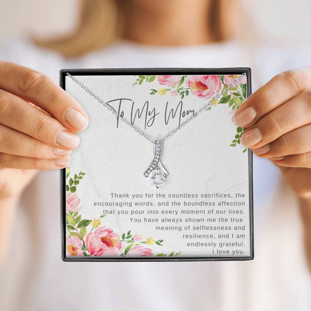 "Note To My Mom" Heartfelt Message Card and Ribbon CZ Diamond Pendant Necklace