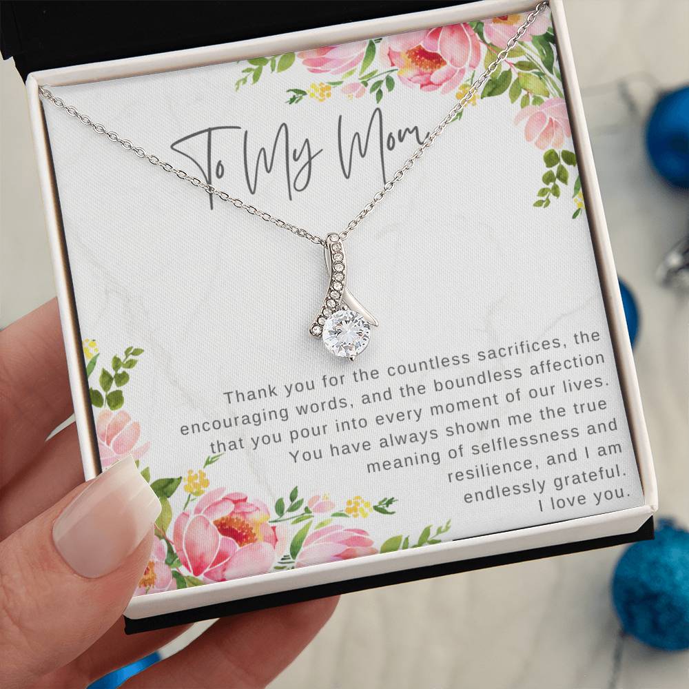 "Note To My Mom" Heartfelt Message Card and Ribbon CZ Diamond Pendant Necklace