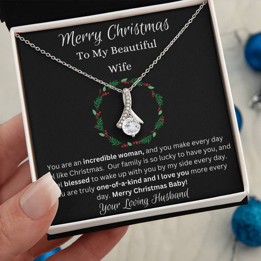 Festive Merry Christmas To Beautiful Wife Ribbon Pendant CZ Diamond Necklace