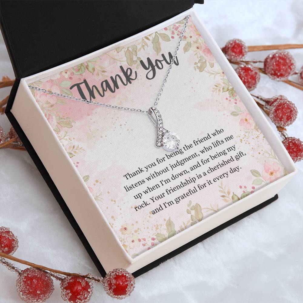 "Thank You" Friendship CZ Diamond Ribbon Pendant Necklace