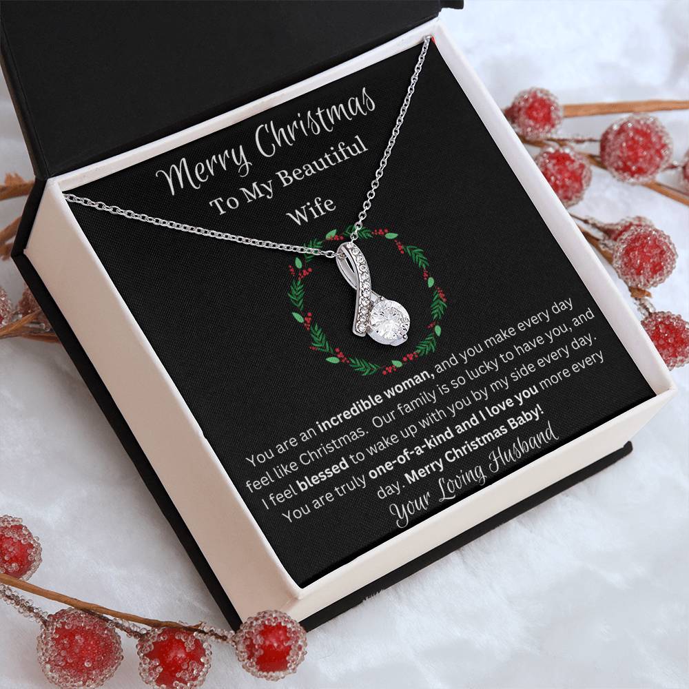 Festive Merry Christmas To Beautiful Wife Ribbon Pendant CZ Diamond Necklace