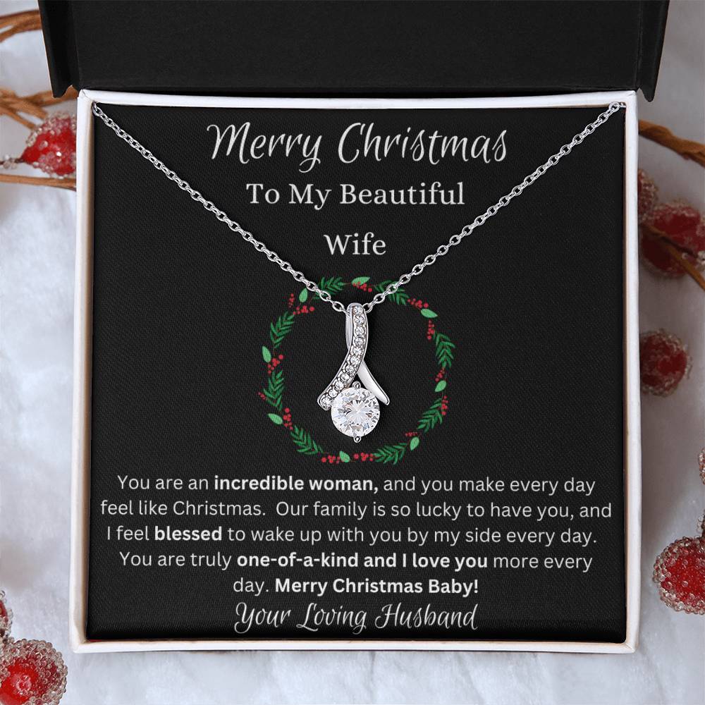 Festive Merry Christmas To Beautiful Wife Ribbon Pendant CZ Diamond Necklace