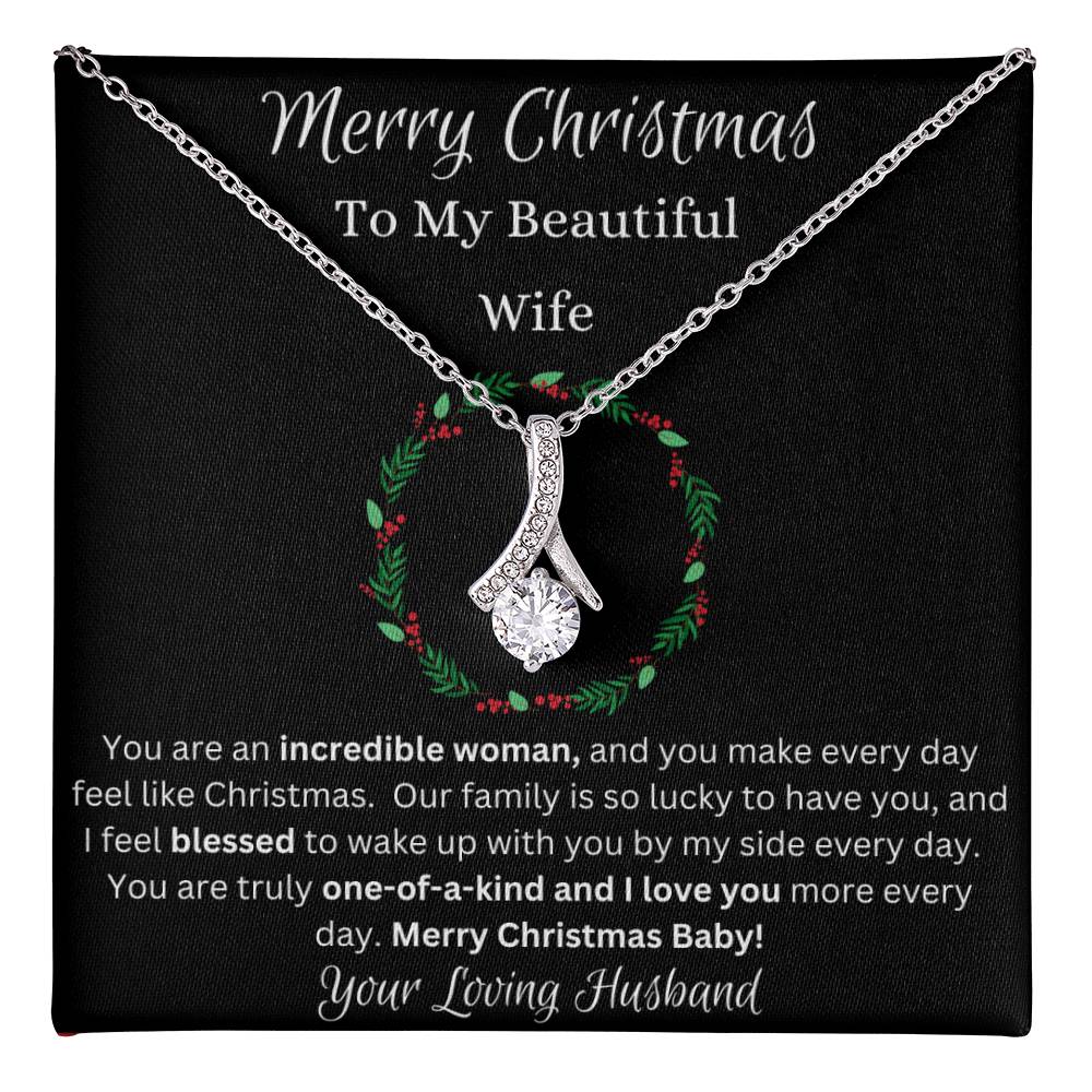 Festive Merry Christmas To Beautiful Wife Ribbon Pendant CZ Diamond Necklace