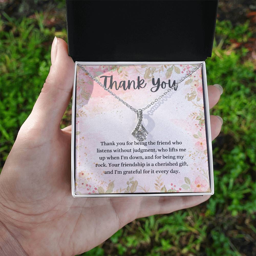 "Thank You" Friendship CZ Diamond Ribbon Pendant Necklace