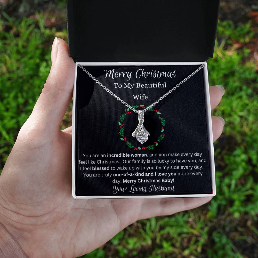 Festive Merry Christmas To Beautiful Wife Ribbon Pendant CZ Diamond Necklace