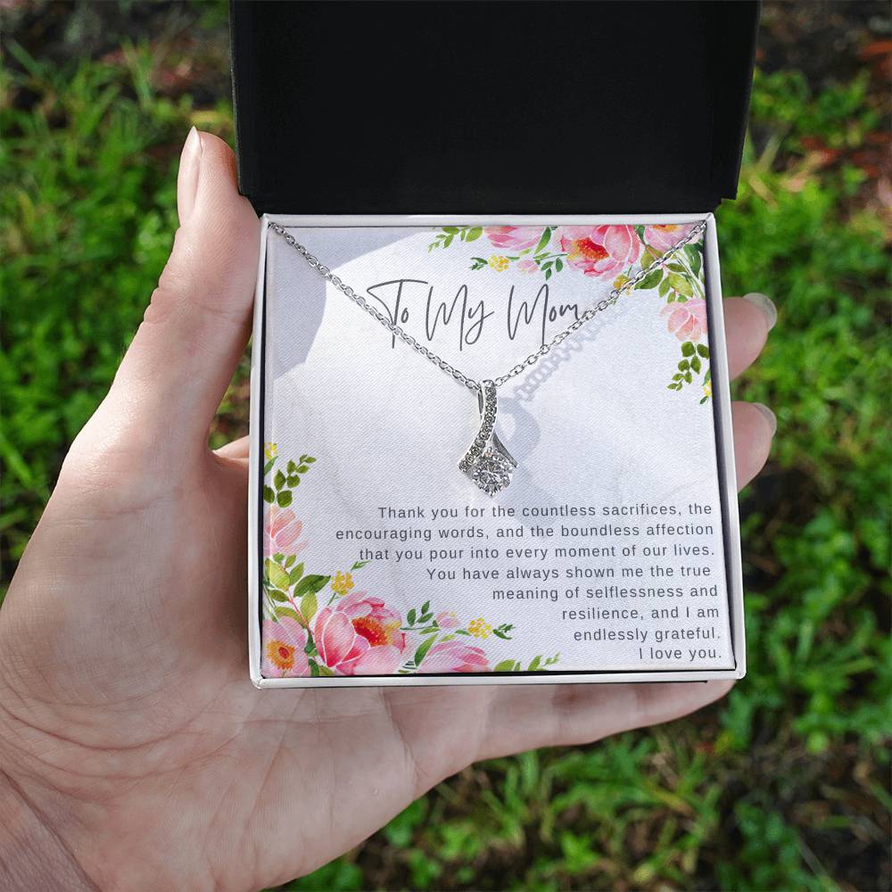 "Note To My Mom" Heartfelt Message Card and Ribbon CZ Diamond Pendant Necklace