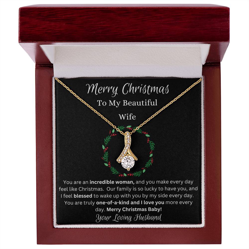 Festive Merry Christmas To Beautiful Wife Ribbon Pendant CZ Diamond Necklace