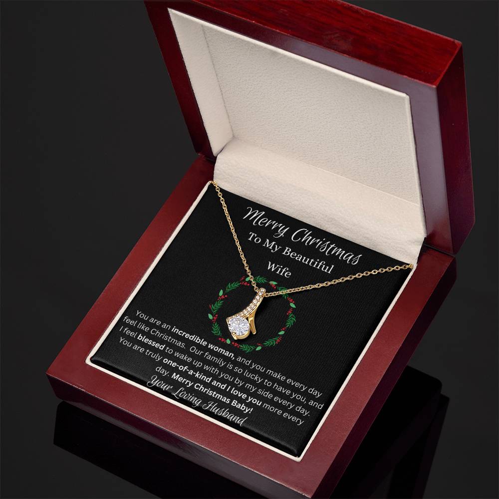 Festive Merry Christmas To Beautiful Wife Ribbon Pendant CZ Diamond Necklace