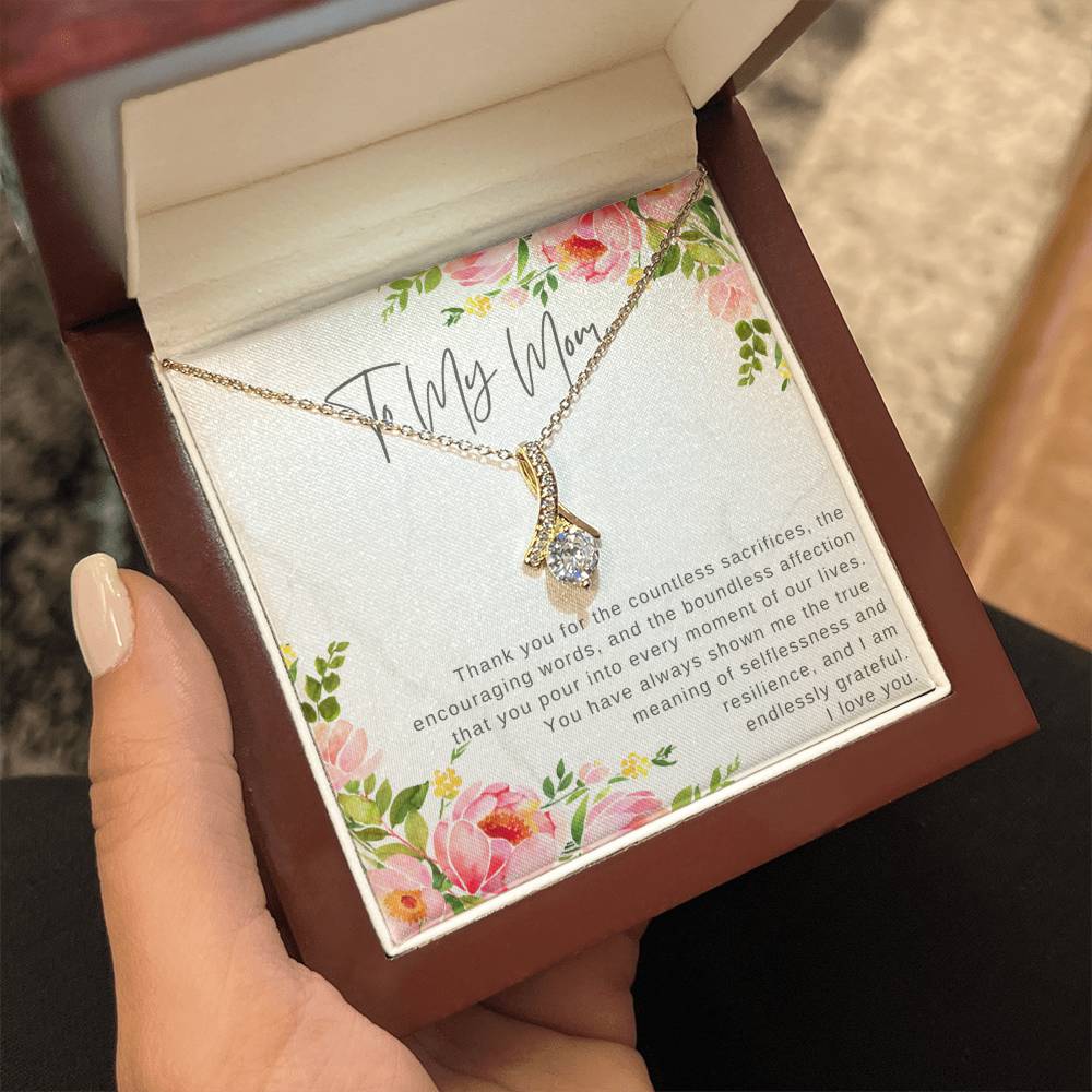 "Note To My Mom" Heartfelt Message Card and Ribbon CZ Diamond Pendant Necklace