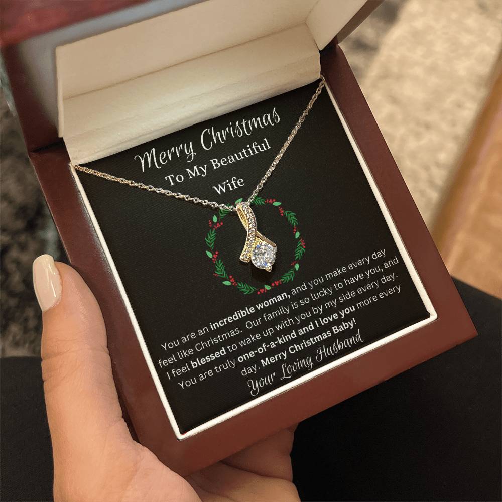 Festive Merry Christmas To Beautiful Wife Ribbon Pendant CZ Diamond Necklace